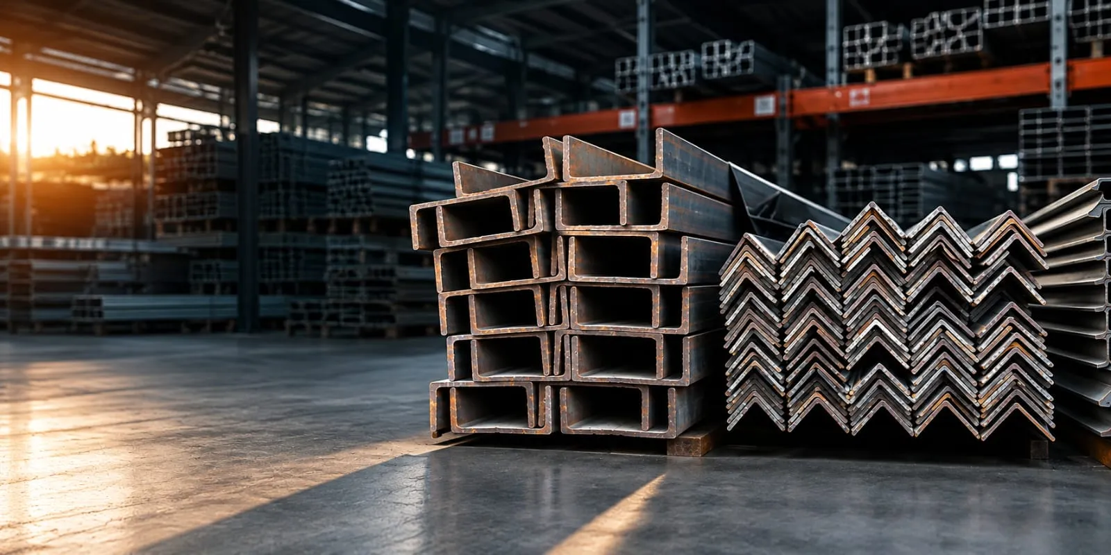 Ashapura Enterprise godown stocked with steel angles, channels, and structural sections